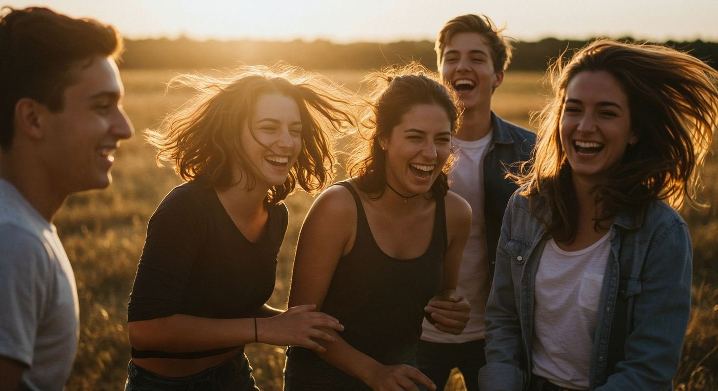 Grup de tineri râzând pe un câmp, la apus